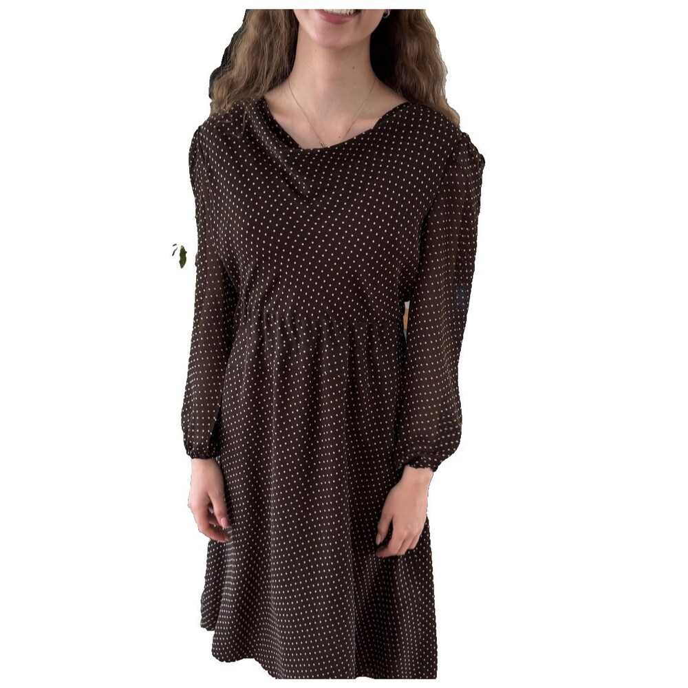Escada Dress Womens 38 US 6/8 Brown Polka Dot Silk Cowl Neck Long Sleeve A Line